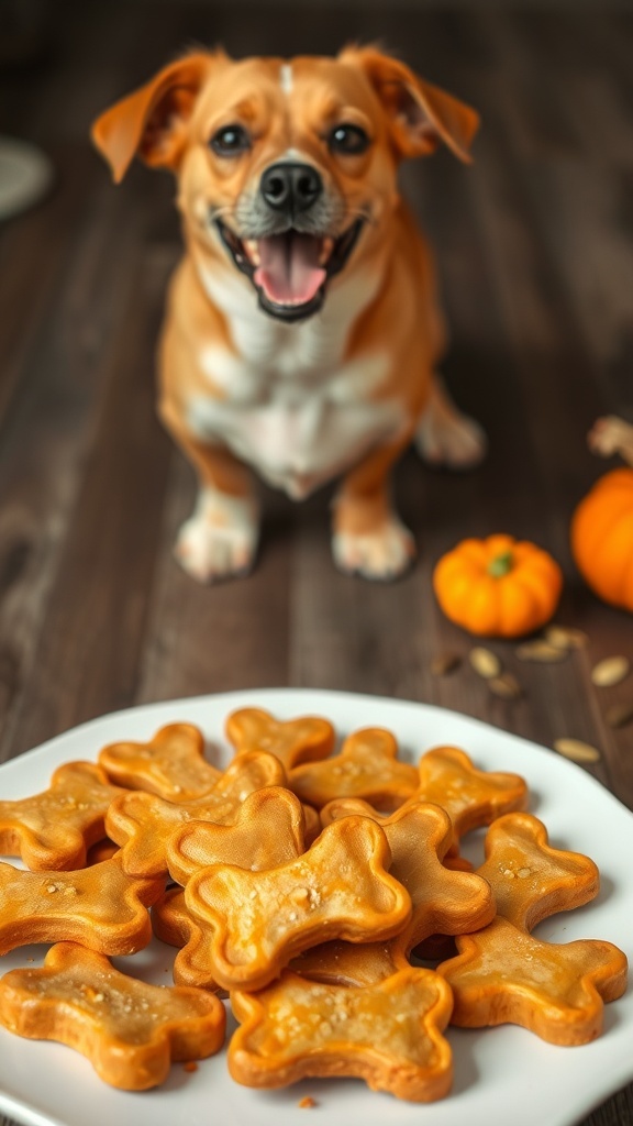 Homemade Pumpkin Yogurt Dog Treats Homemade pumpkin yogurt dog treats on a plate, with a happy dog in the background.